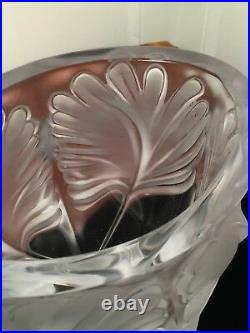Vintage Signed LALIQUE Frosted Crystal Glass 7.5 NOAILLES Palm Leaf Frond Vase
