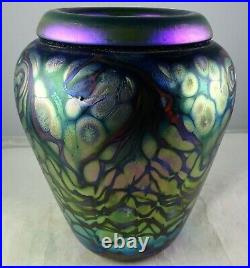 Vintage Signed Studio Art Glass Vase Cobalt Blue Iridescent Vine Design