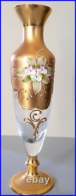Vintage Trefuochi Murano Italy 24k Gold Vase Clear Glass Raised Floral Signed