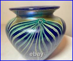 Vintage hand blown Fellerman 86 pulled feather signed blue studio glass vase