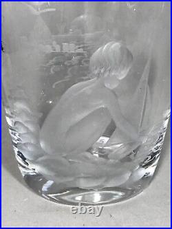 Vintage signed KJELLANDER Engraved Crystal Swedish Art Glass Vase Boy Pond Boat