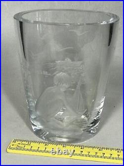 Vintage signed KJELLANDER Engraved Crystal Swedish Art Glass Vase Boy Pond Boat