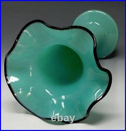Vtg. Czech Glass Tango Vase AQUA BLUE BLACK LIP Czechoslovakia, kralik loetz era