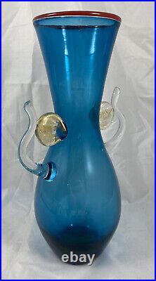 Vtg MCM Designer Vase Hand Blown Glass Blue Gold Red Rim SIGNED Mystery Artist