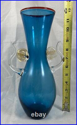 Vtg MCM Designer Vase Hand Blown Glass Blue Gold Red Rim SIGNED Mystery Artist