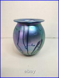 Vtg Robert Eickholt Art Glass Vase Signed 1995 4.5 Tall Purple Blue Iridescent