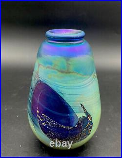 Vtg Signed Robert Eickholt Art Glass Vase Iridescent Colorful Gold Flecks Rare