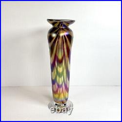 Vtg Studio Art Glass IRIDESCENT PULLED FEATHER Vase Signed Art Nouveau ESTATE