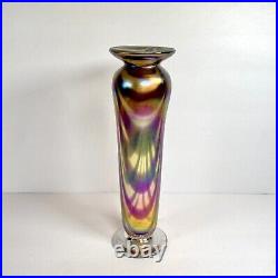 Vtg Studio Art Glass IRIDESCENT PULLED FEATHER Vase Signed Art Nouveau ESTATE