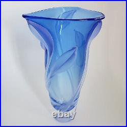 William Glasner Art Glass Vase Frosted Leaf Leaves 10.25 Blue 2005 Signed