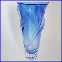 William Glasner Art Glass Vase Frosted Leaf Leaves 10.25 Blue 2005 Signed