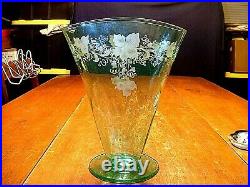 Wonderful Large Signed Hawkes Engraved Vaseline Glass Fan Vase