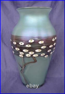 Zellique Large Vase Green Purple Art Glass Flowers Iridescent Signed 10.5 Morel